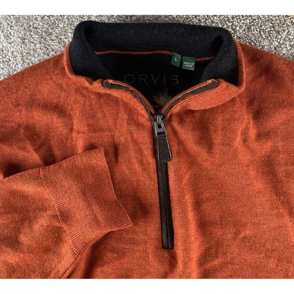 Orvis Other - Orvis Sweater Mens Large Orange 100% Merino Wool Quarter Zip Leather Trim Preppy